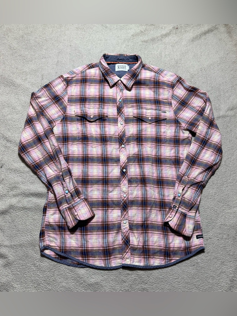 Scotch & Soda Amsterdam Shirt Mens Large Pearl Snap Button Up Plaid Collared Tee